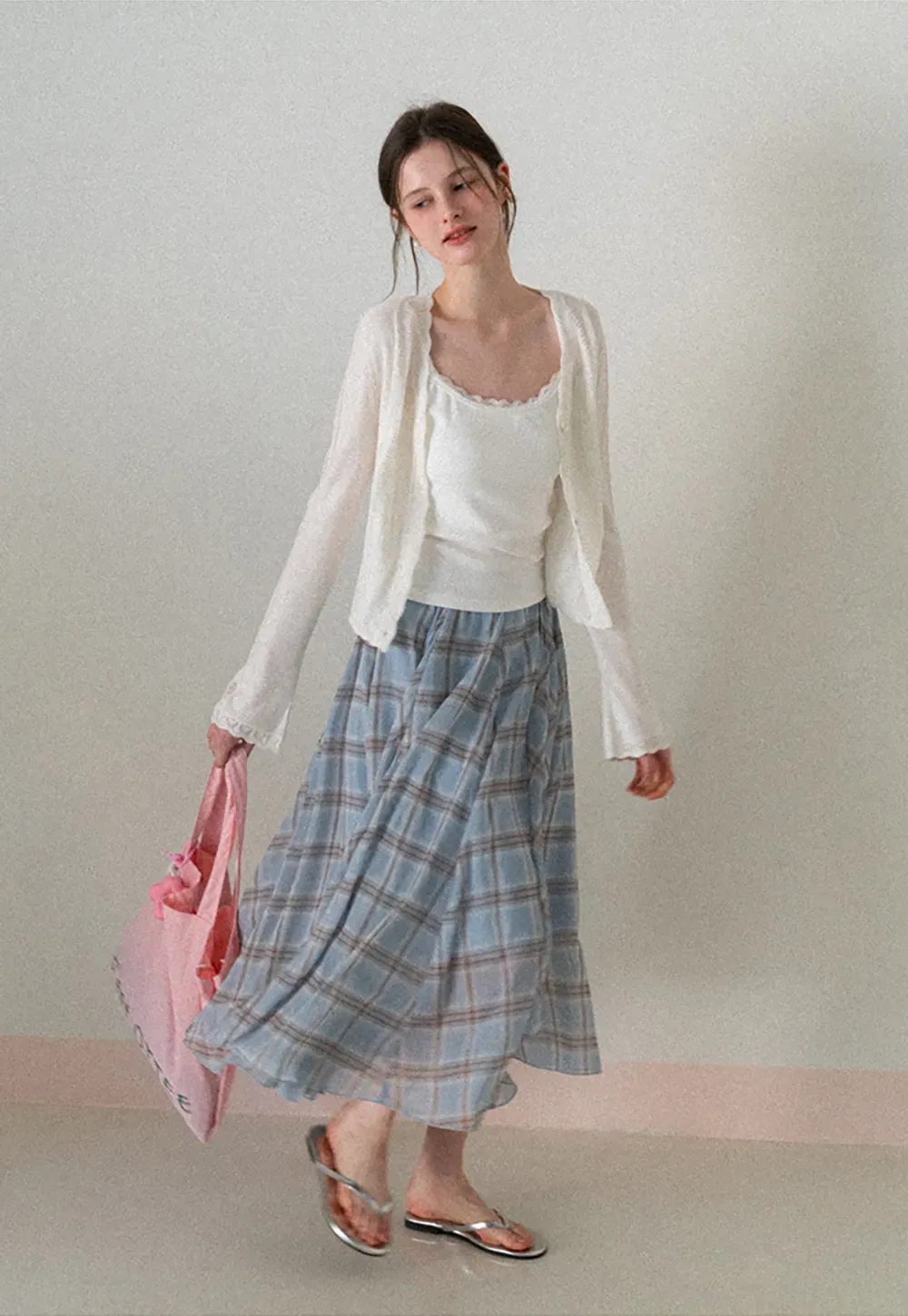Pleated Plaid Midi Skirt with Asymmetrical Hem