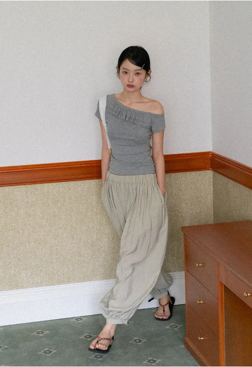 Off shoulder short sleeve top with ruffle detail