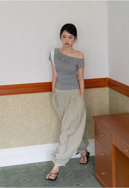 Off shoulder short sleeve top with ruffle detail