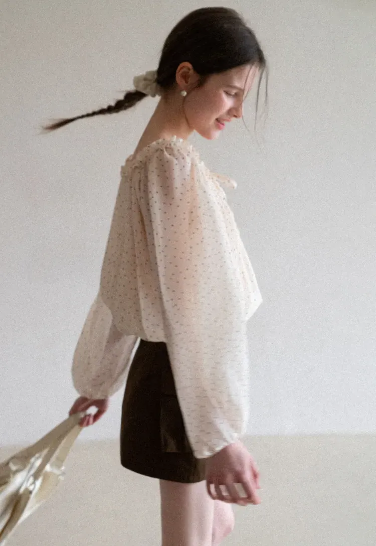 Polka Dot Ruffled Off Shoulder Chiffon Blouse