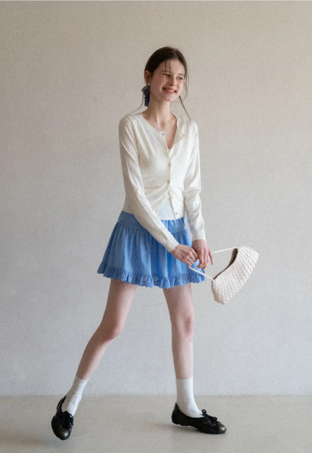 Eyelet Trimmed Tiered Skirt with Ruffled Hem