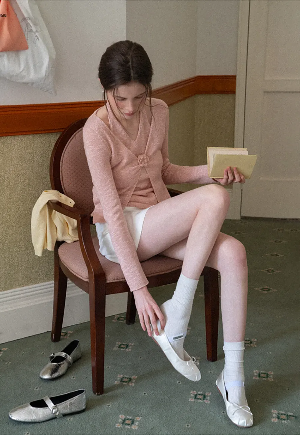 V Neck Knit Sweater with Floral Button Detail