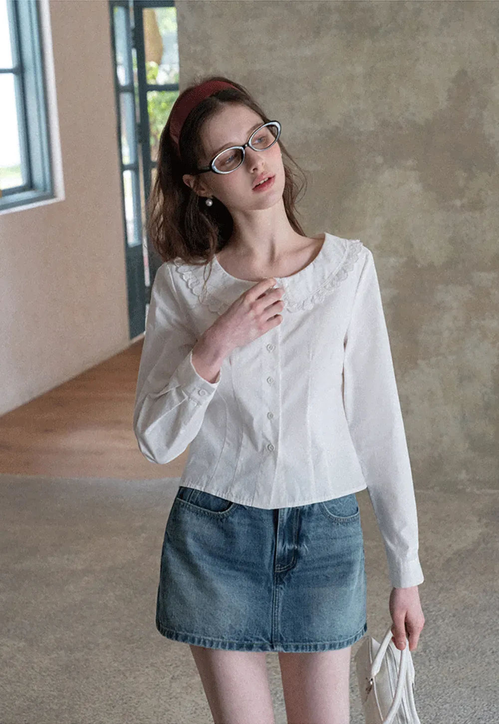 Denim Mini Skirt with Front Pocket and Frayed Hem