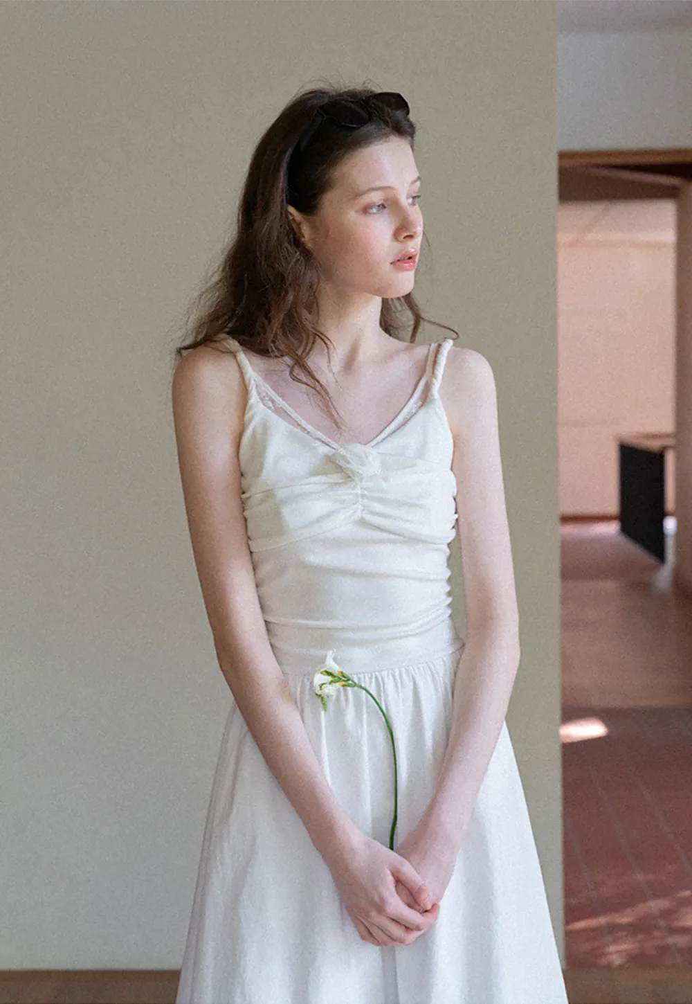 Sleeveless V Neck Midi Dress with Ruched Bodice