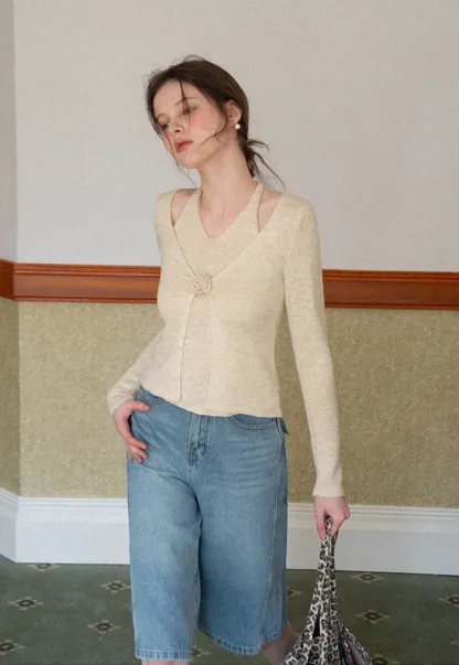 V Neck Knit Sweater with Floral Button Detail