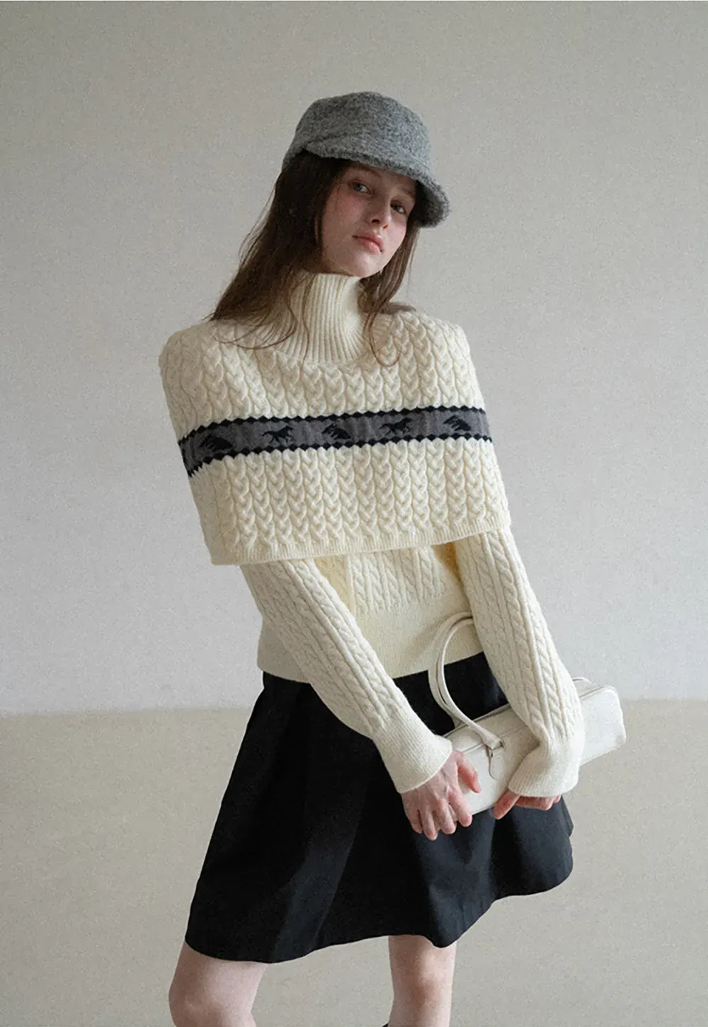 Turtleneck Cable Knit Sweater with Horse Pattern Stripe