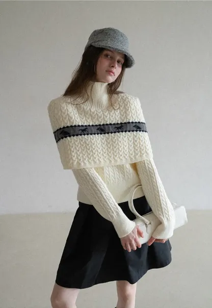 Turtleneck Cable Knit Sweater with Horse Pattern Stripe