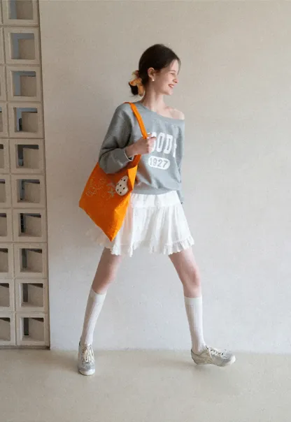 Gray Off Shoulder Sweatshirt with Bold Lettering and Year Print