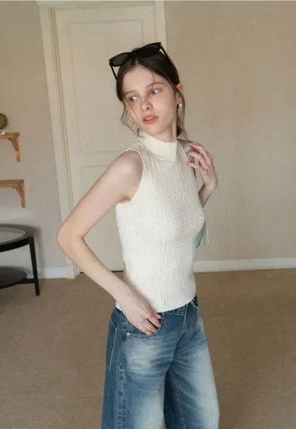 Cable Knit Sleeveless Top with High Neck Design