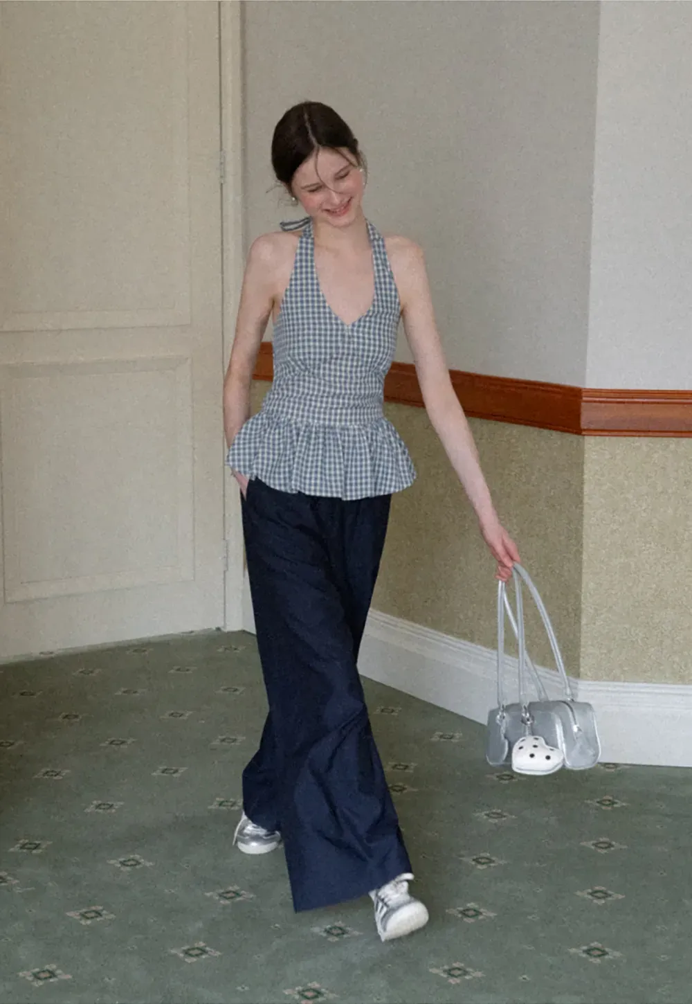 Gingham Halter Neck Peplum Top