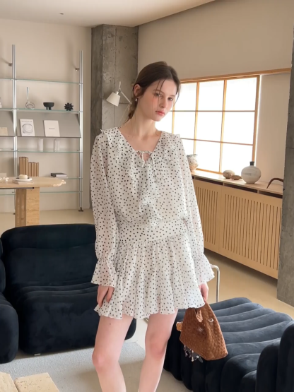 Polka Dot Ruffle Dress with V Neck and Long Sleeves