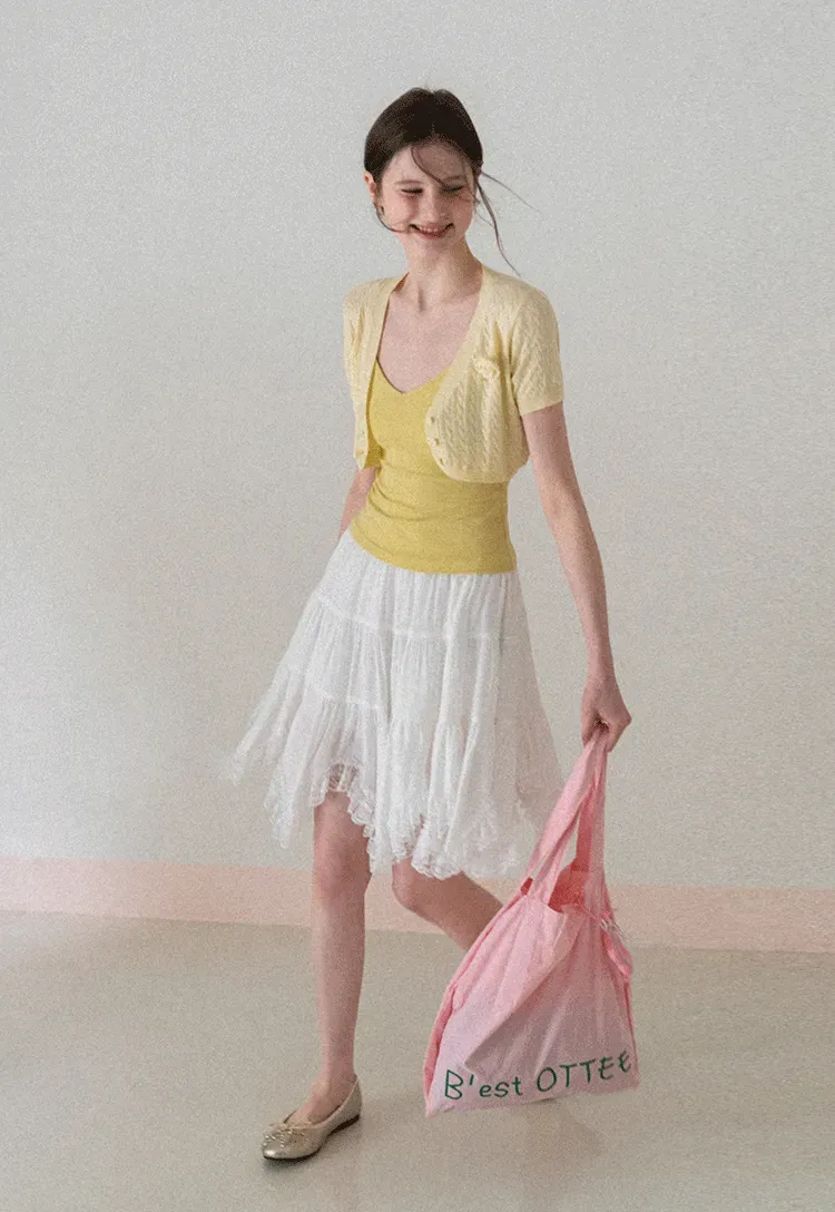 Short Sleeve Cable Knit Cardigan with Button Closure