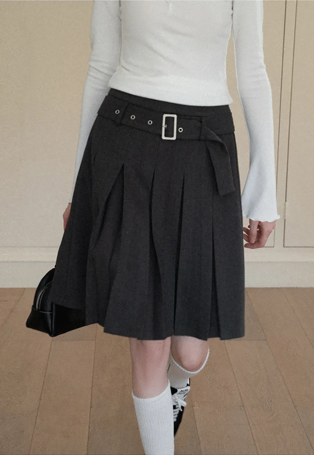 Pleated A Line Skirt with Belt Detail