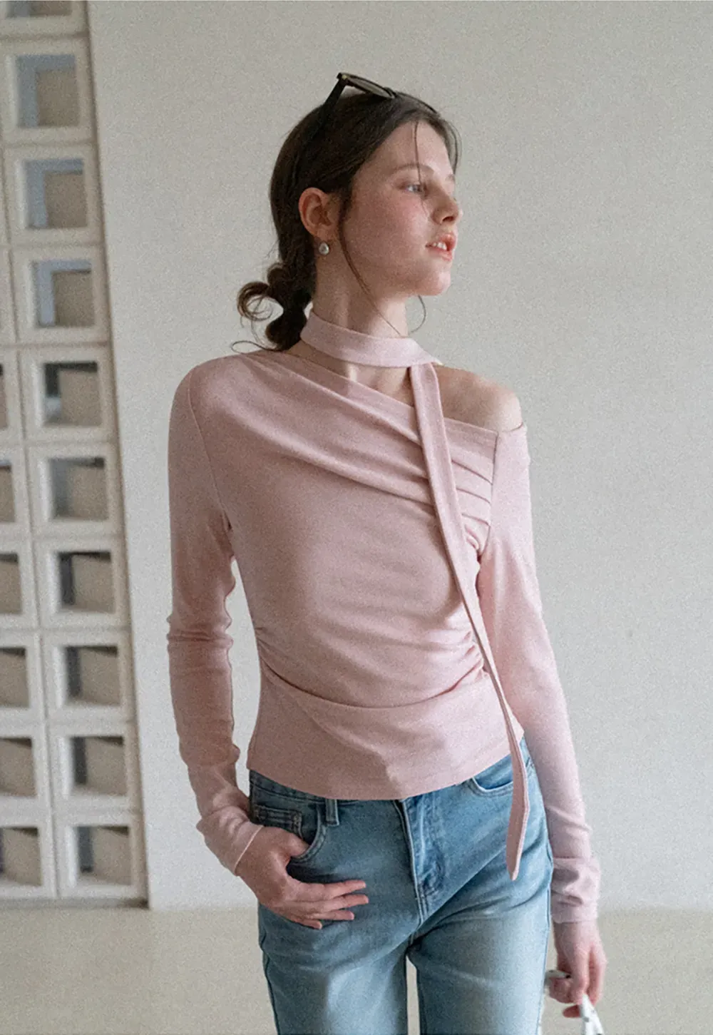 Long sleeve off shoulder top with neck tie detail