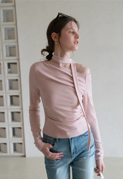 Long sleeve off shoulder top with neck tie detail
