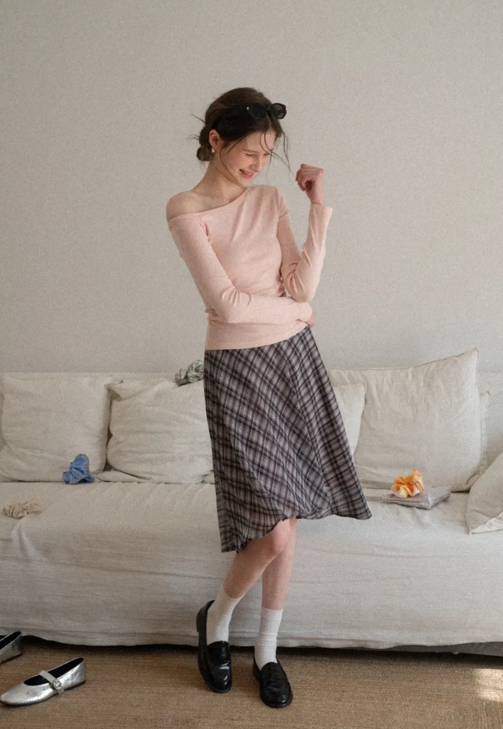 Asymmetrical long sleeve off shoulder top