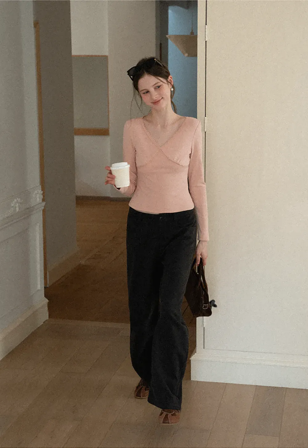 V neck long sleeve top with lace trim and fitted design