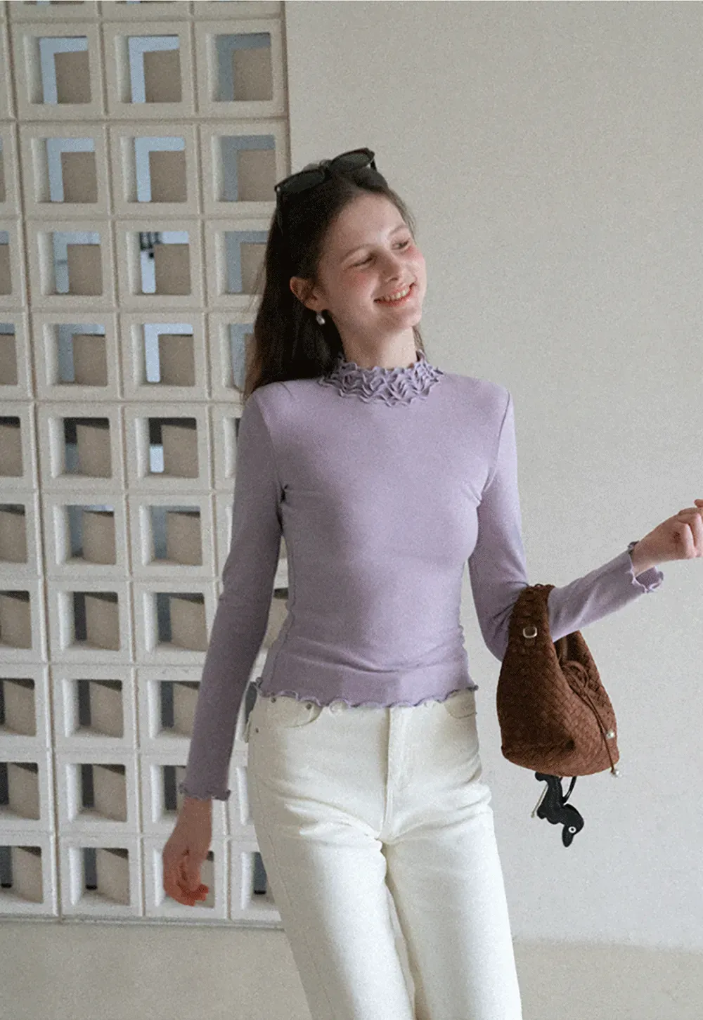 Elegant High Neck Long Sleeve Top with Ruffle Detail