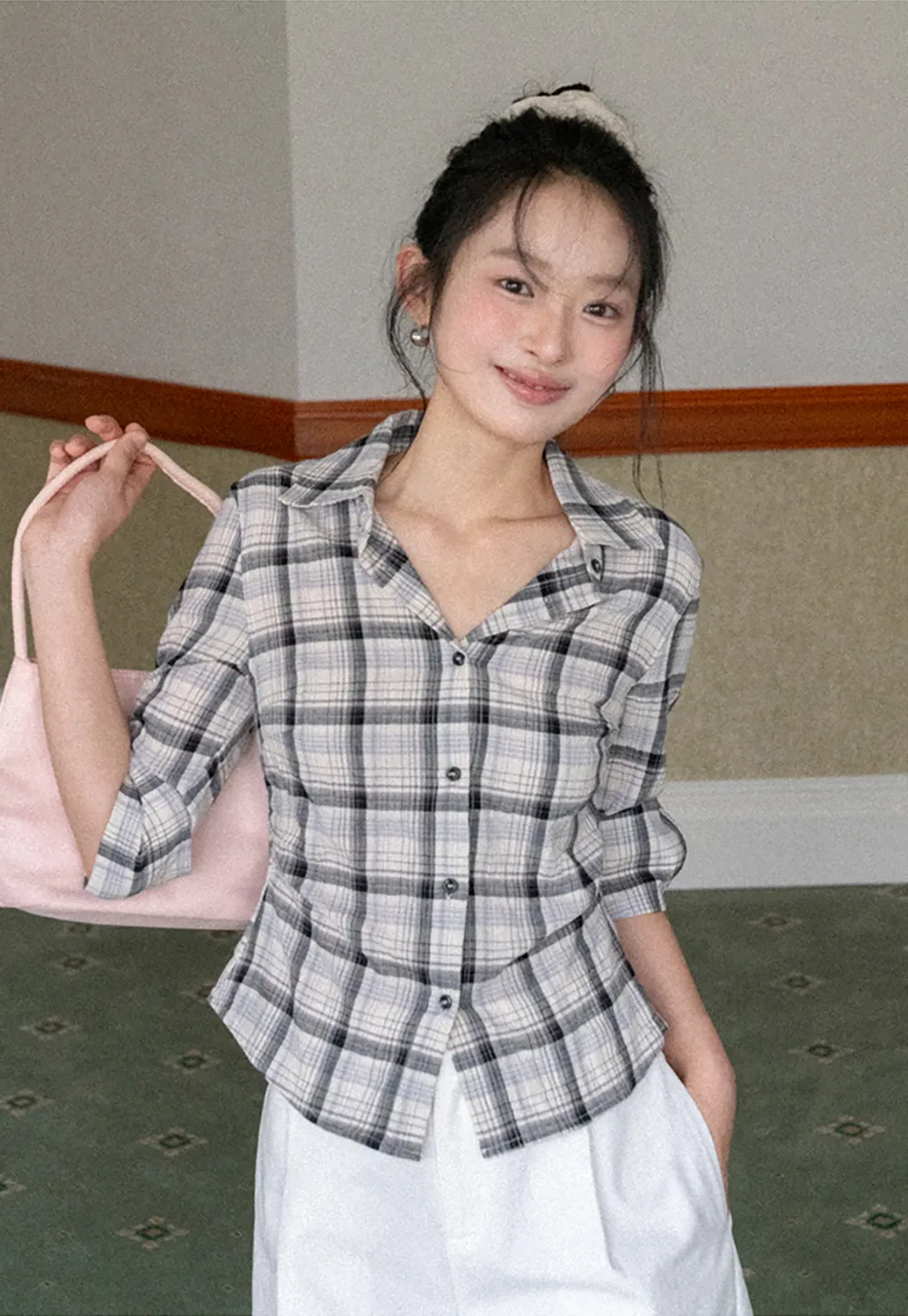 Plaid Shirt with Rolled Sleeves and Button Front