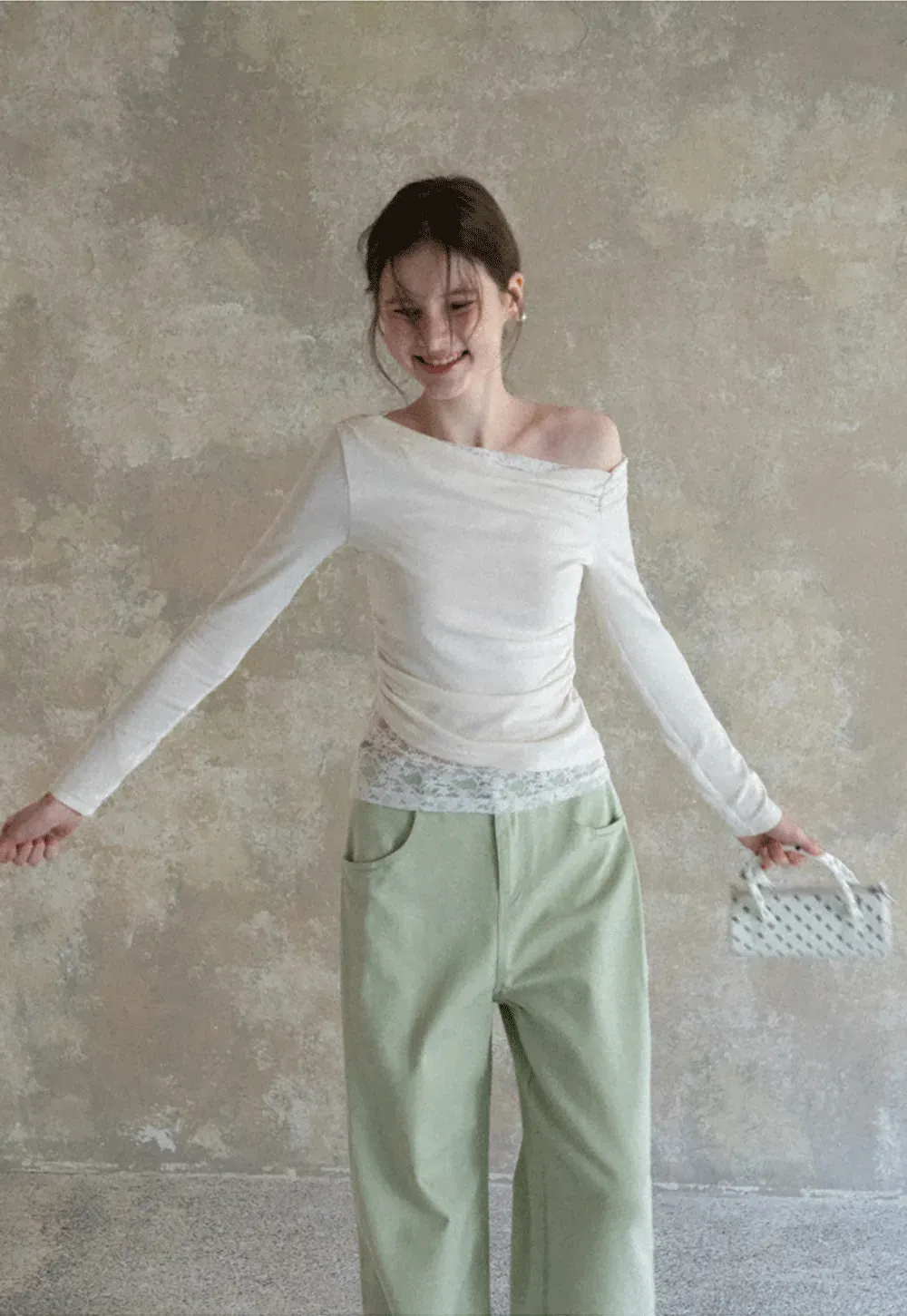 Off shoulder long sleeve top with lace trim