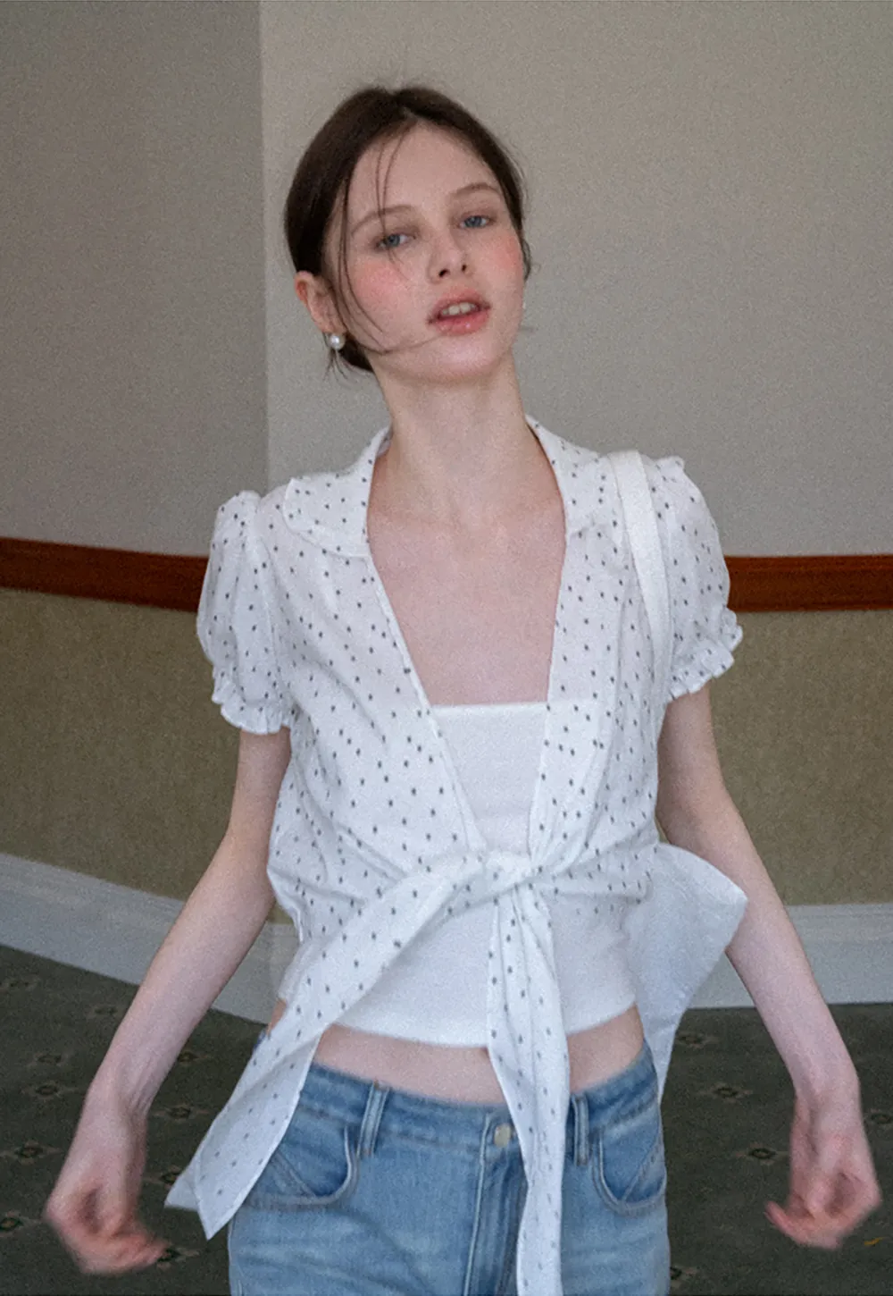 Polka dot short sleeve shirt with front tie detail