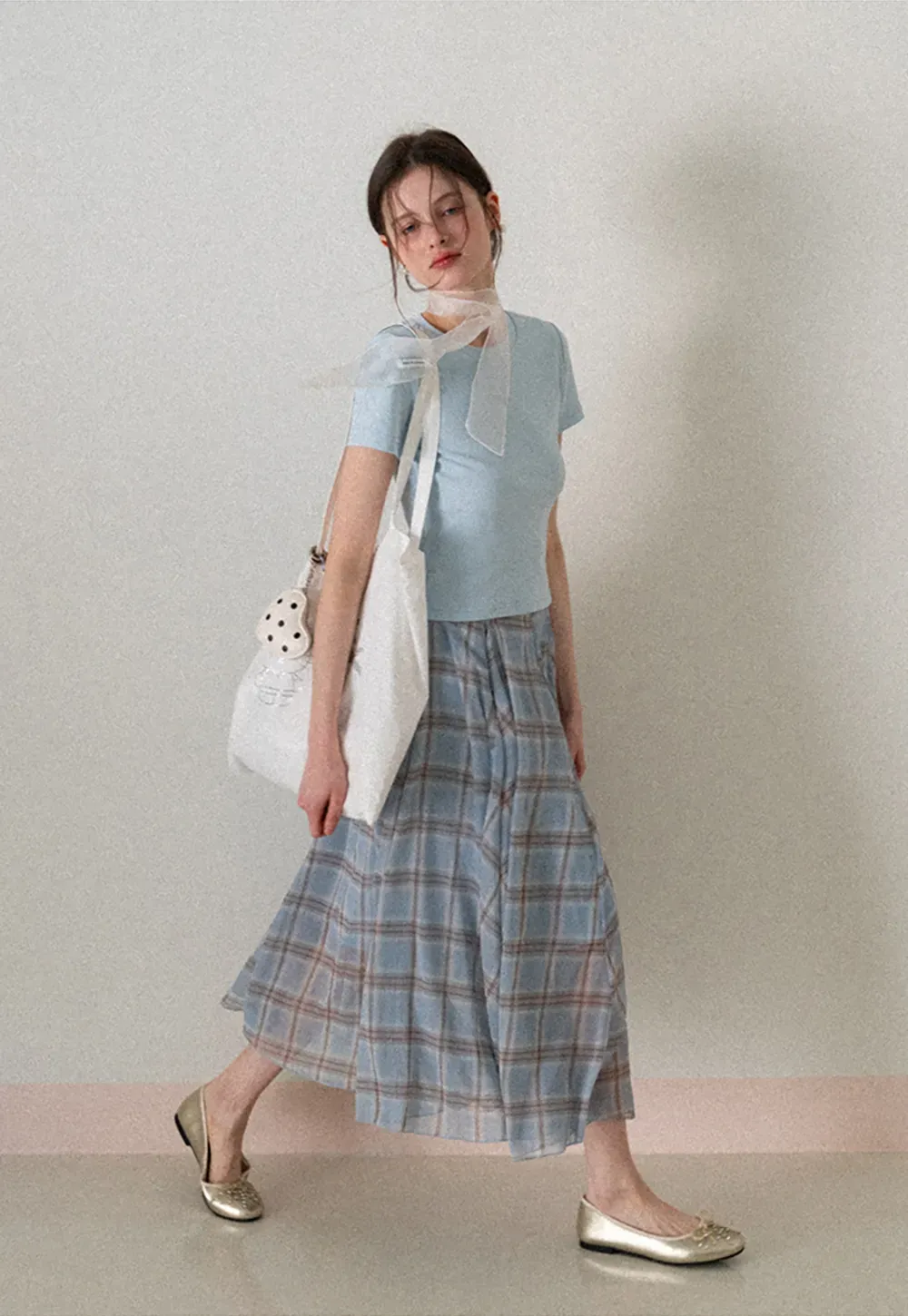 Short Sleeve Crew Neck T Shirt with Sheer Scarf Detail