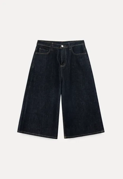 Wide leg cropped denim pants with contrast stitching