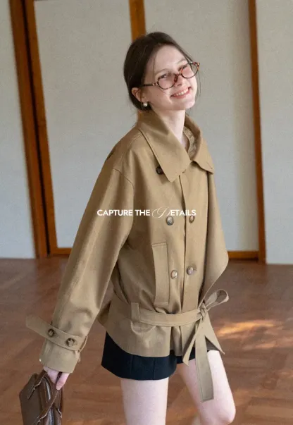 Double Breasted Short Jacket with Belted Waist