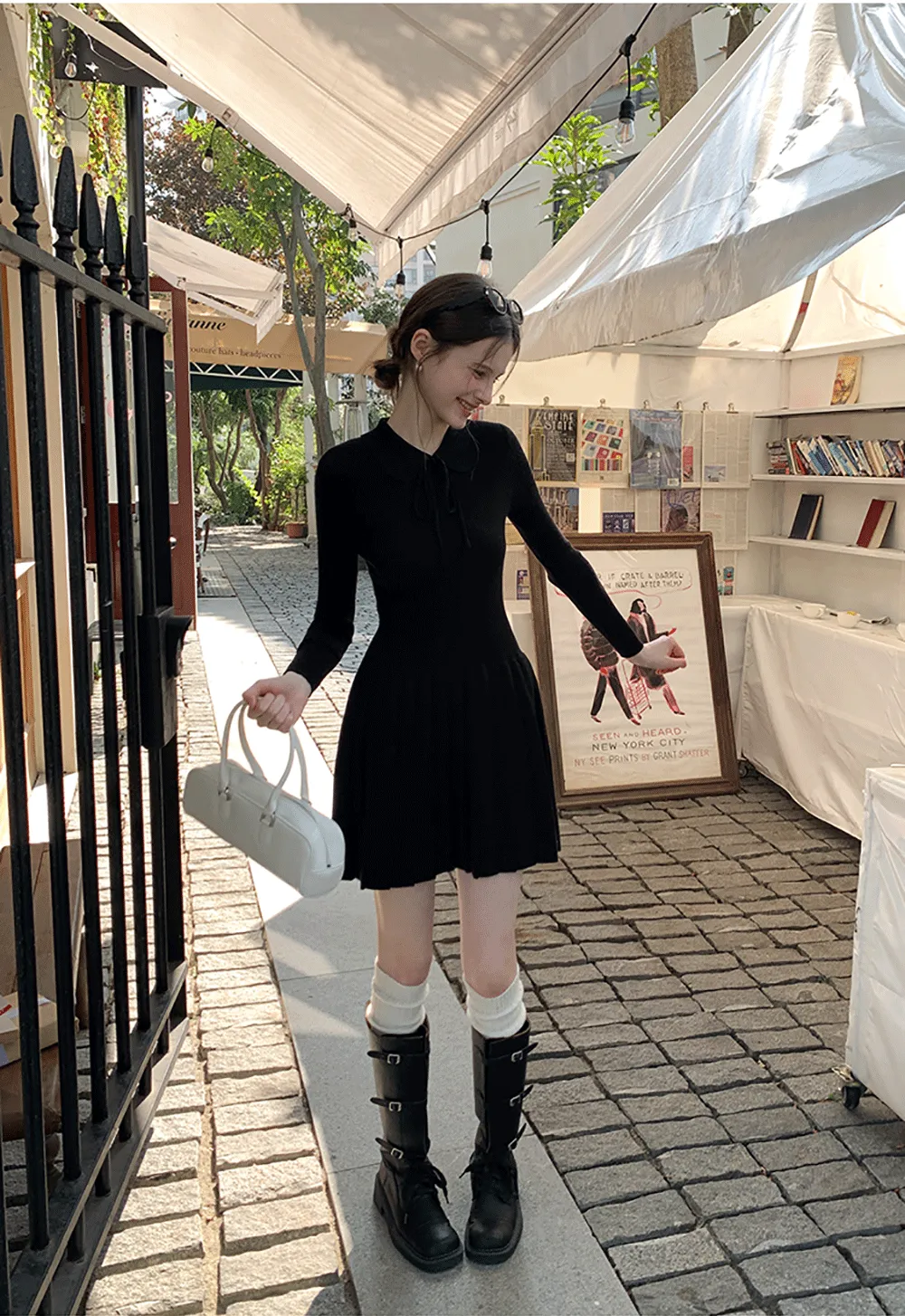 Elegant Knit Dress with Bow Detail and Flared Hem