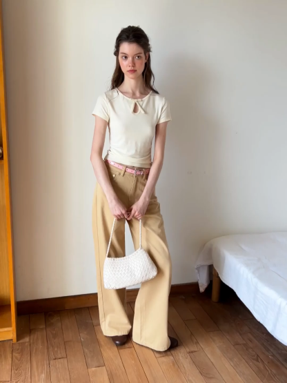 Keyhole Neck Tie Detail Short Sleeve Tshirt