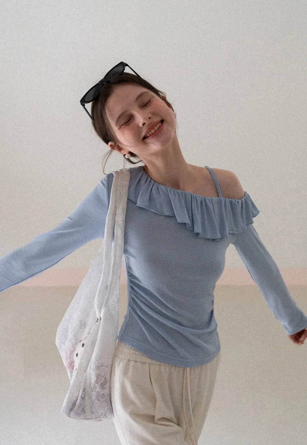 Long Sleeve Top with Ruffled Off Shoulder Design