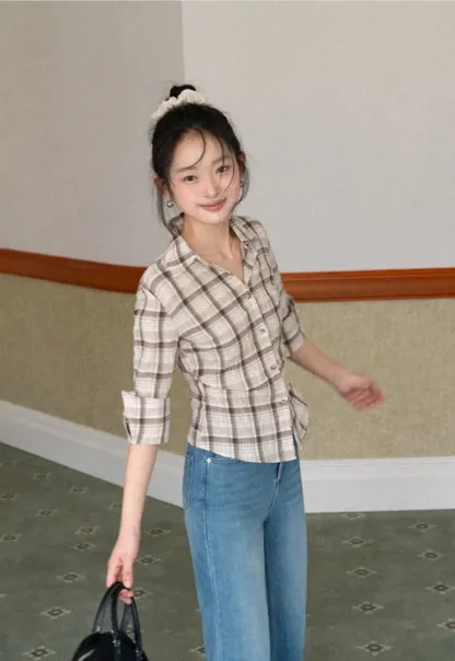 Plaid Shirt with Rolled Sleeves and Button Front