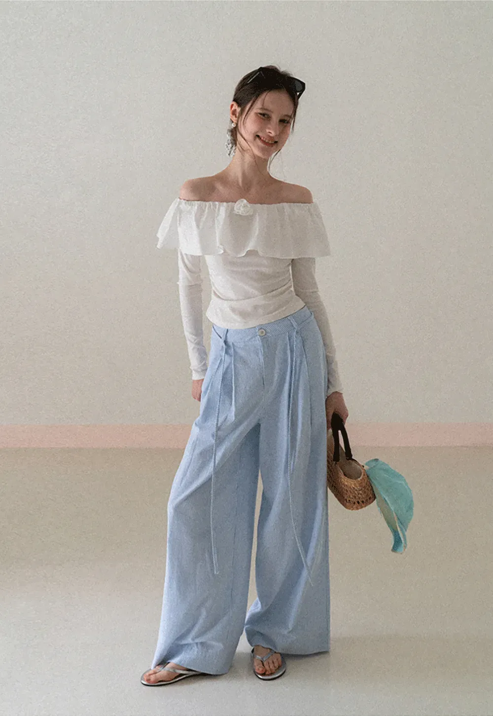 Wide Leg Pleated Casual Pants with Drawstring Waist