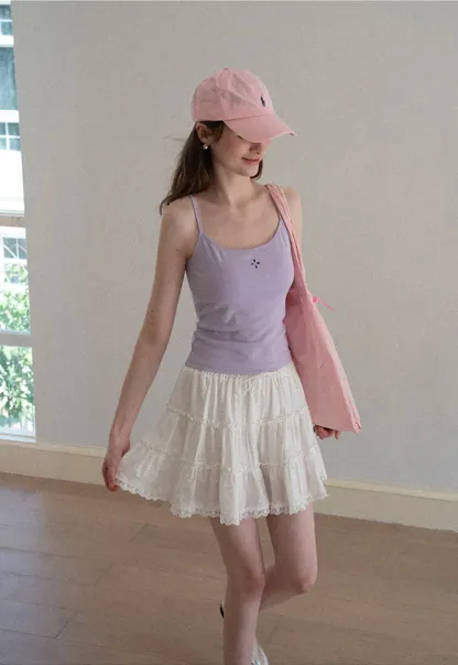 Tiered lace hem drawstring waist skirt