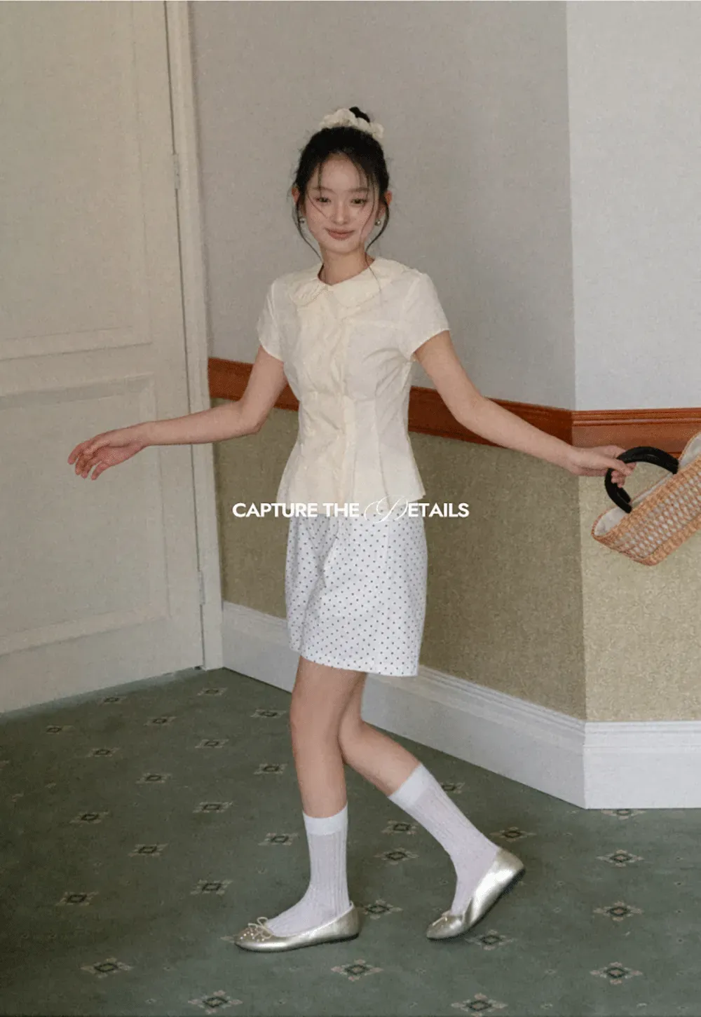 Short Sleeve Shirt with Peter Pan Collar and Peplum Hem