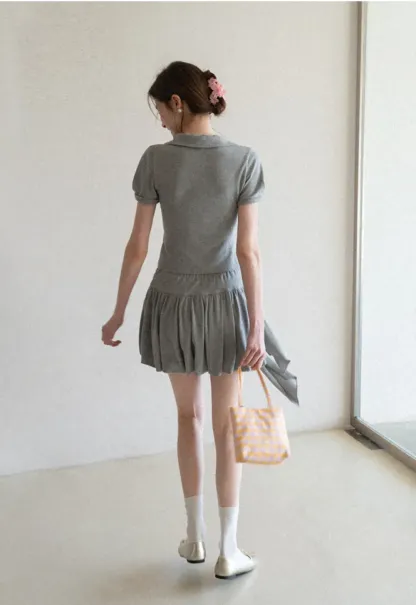 Polo collar short sleeve top with pleated skirt