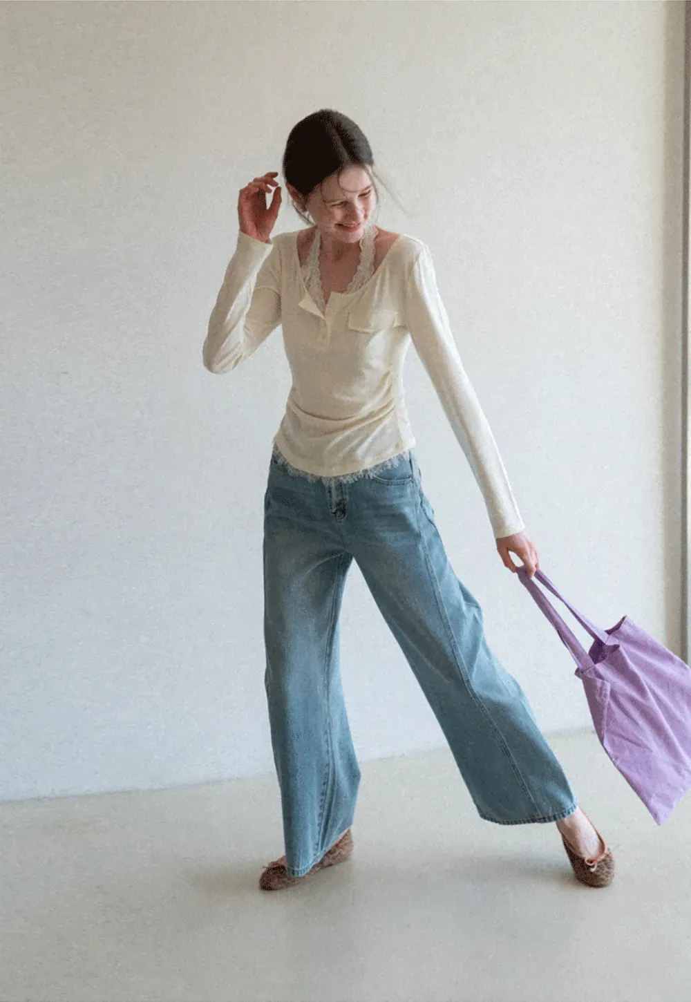 Long sleeve Henley top with lace trim