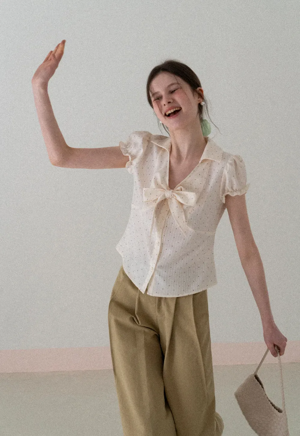 Short Sleeve Shirt with Bow Detail and Polka Dots