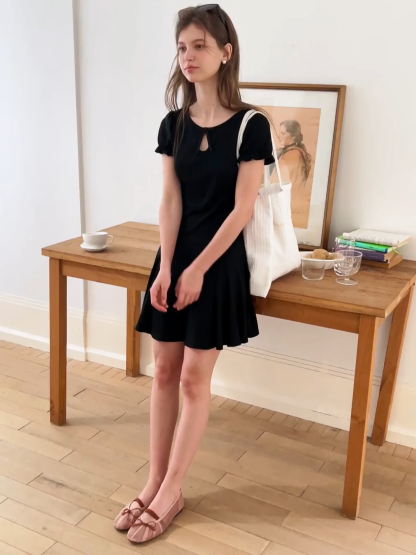 Square Neck Keyhole Puff Sleeve A Line Dress