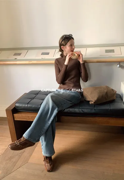 Elegant High Neck Knit Sweater with Button Detail Sleeve