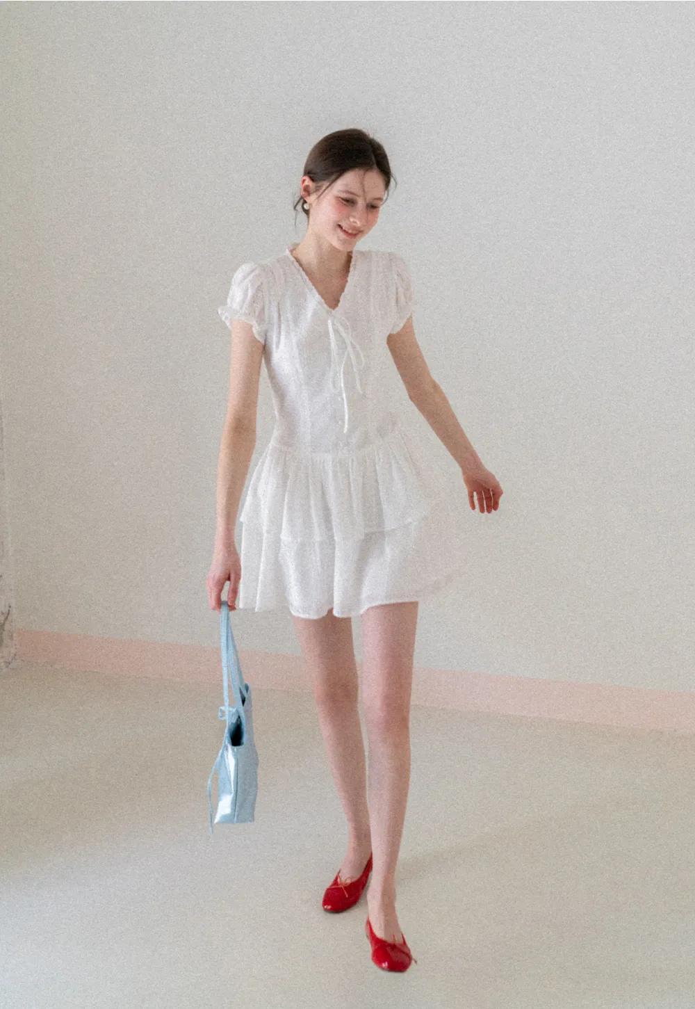 Eyelet Lace Dress with Puffed Sleeves and Tiered Skirt