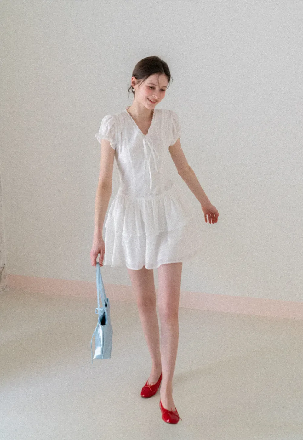 Eyelet Lace Dress with Puffed Sleeves and Tiered Skirt