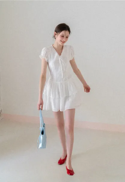 Eyelet Lace Dress with Puffed Sleeves and Tiered Skirt