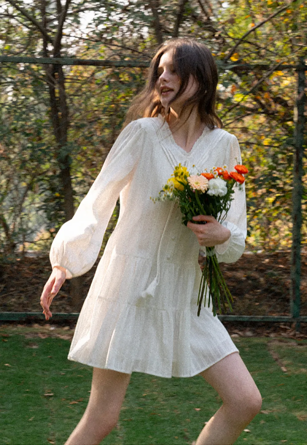 V neck long sleeve tiered dress with lace trim