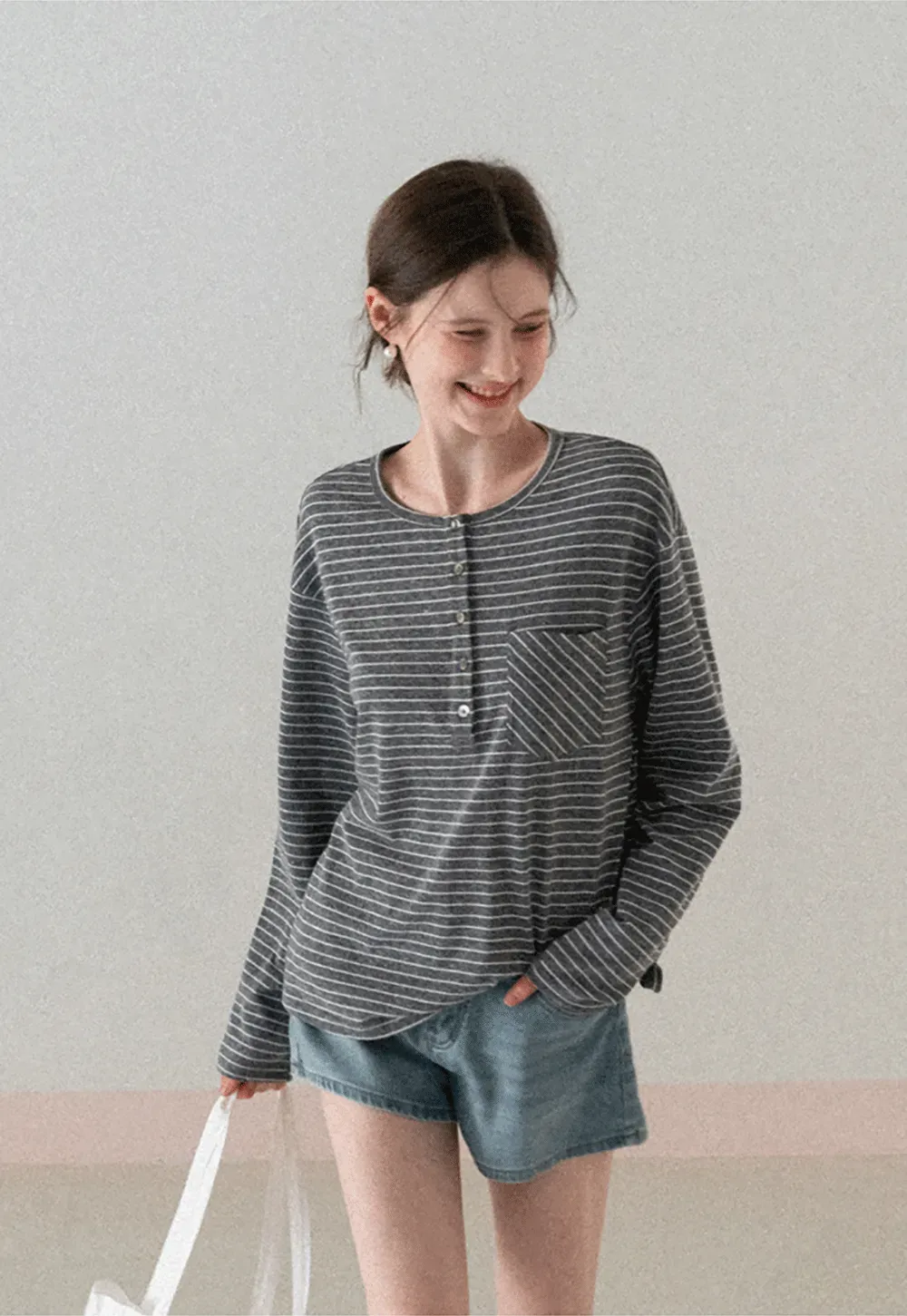 Long sleeve striped henley shirt with chest pocket