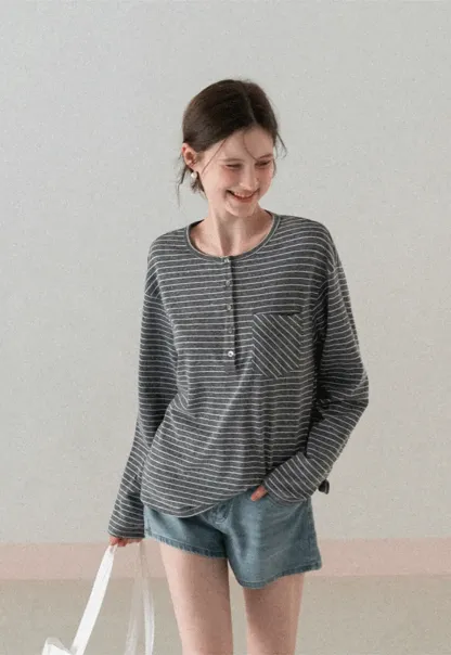 Long sleeve striped henley shirt with chest pocket