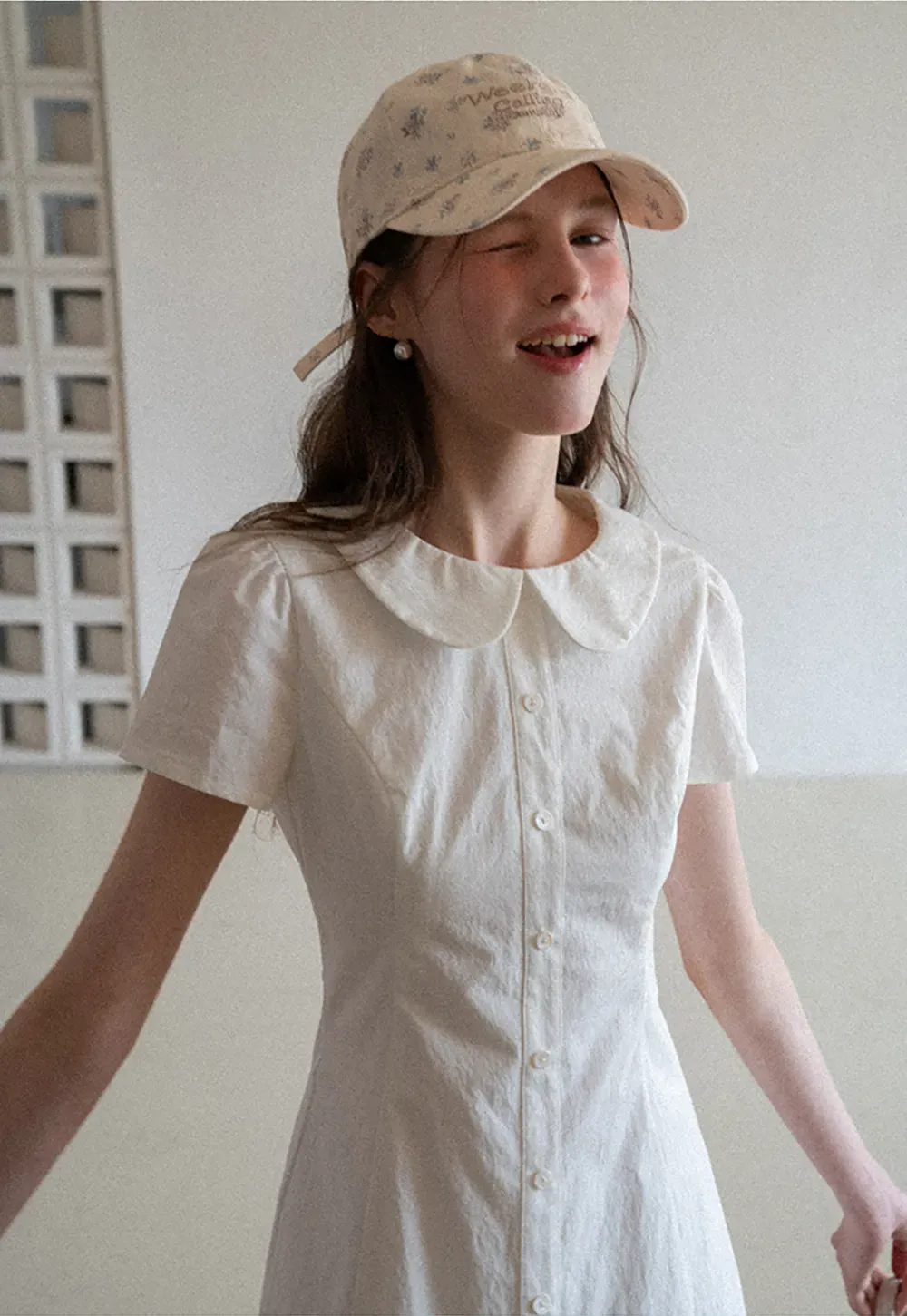 Button Front Dress with Peter Pan Collar and Short Sleeves