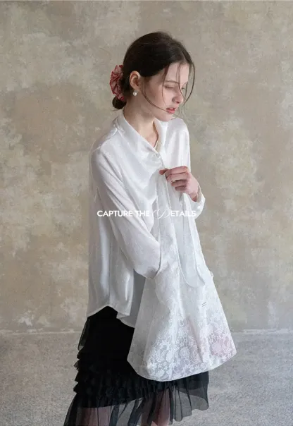 Ribbed Long Sleeve Shirt with Tie Neck Detail