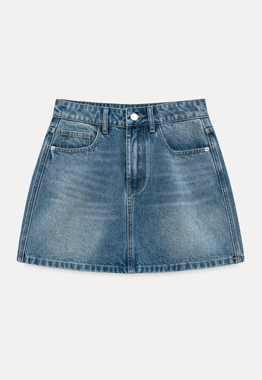 Denim mini skirt with frayed hem and front pockets