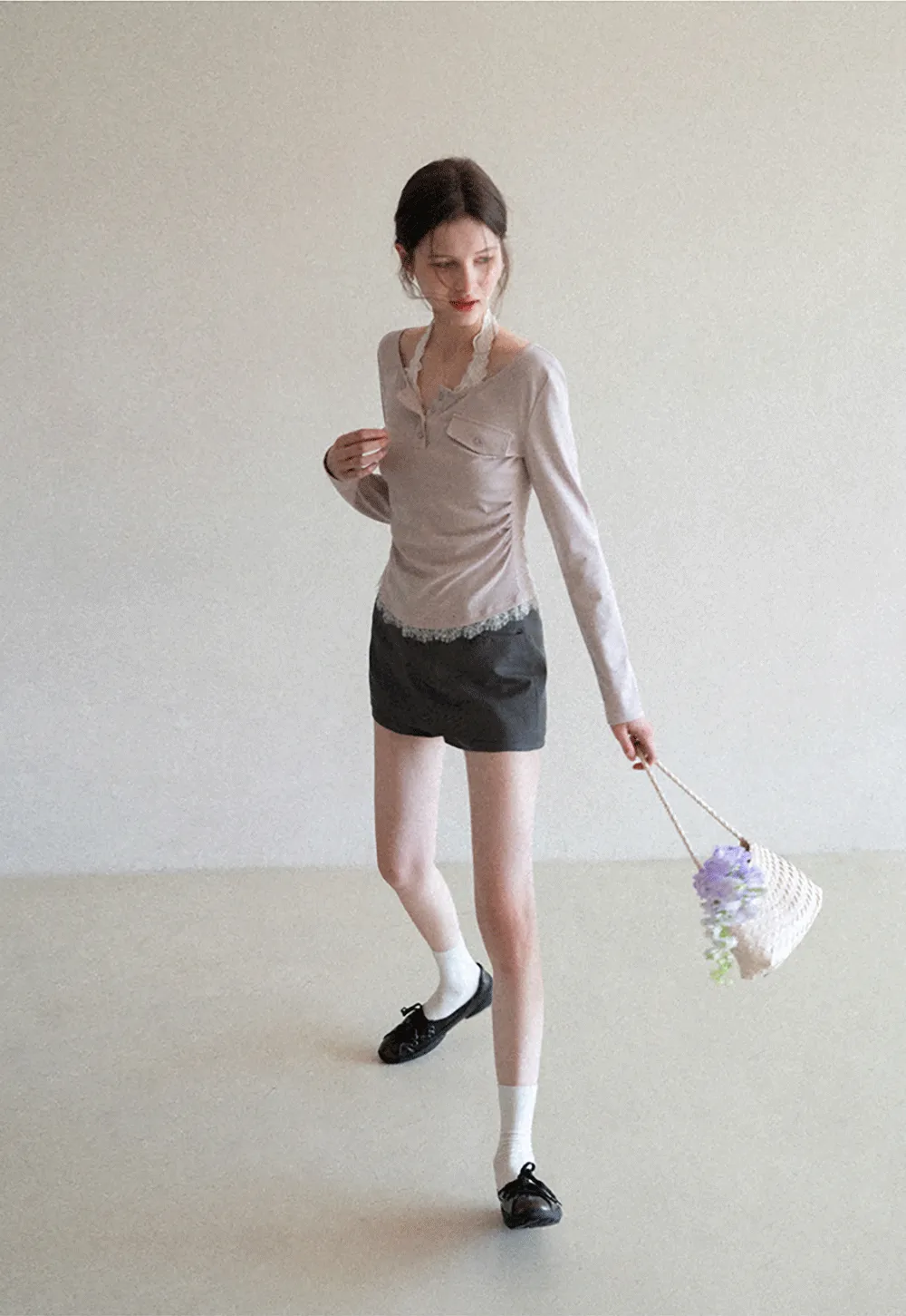 Long sleeve Henley top with lace trim